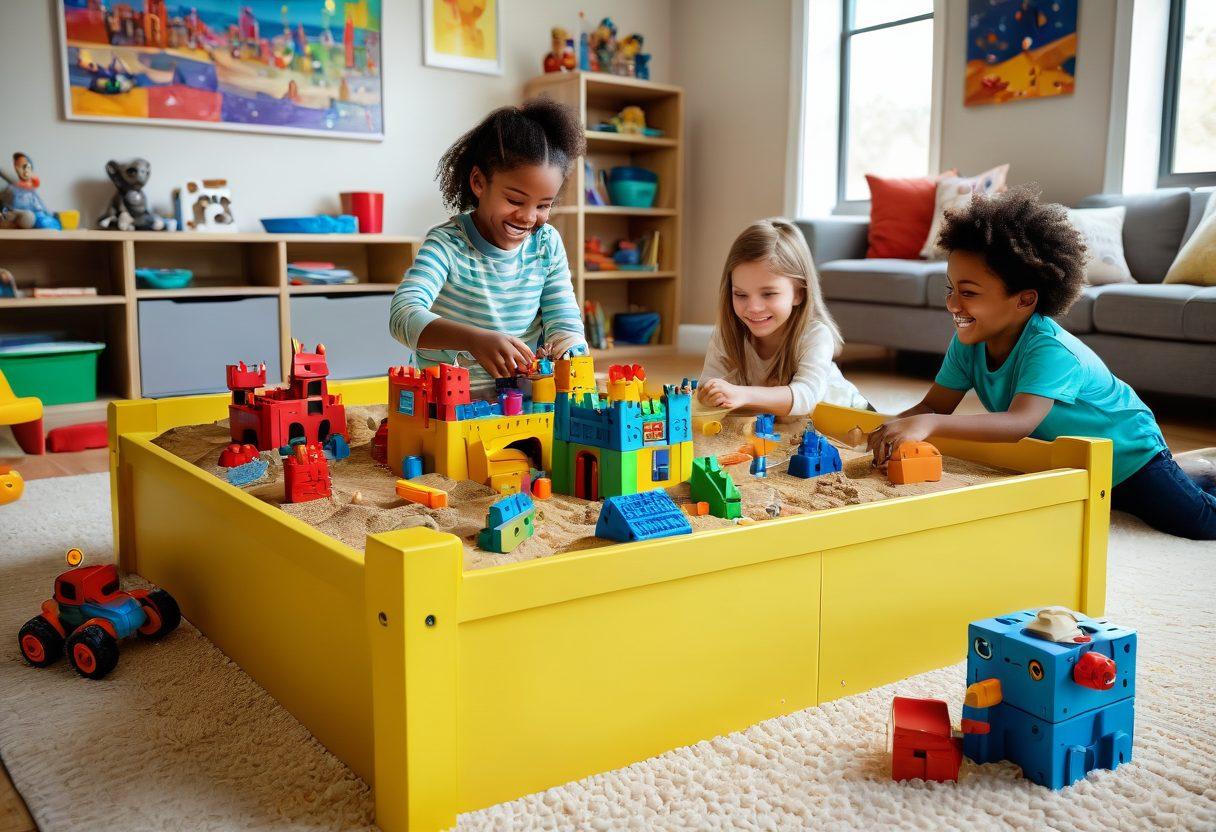 A vibrant scene of children engaged in a colorful digital sandbox game, where they are building imaginative structures like castles, robots, and landscapes using dynamic tools. The children are smiling and collaborating, with icons and interactive elements hovering around them, showcasing various developmental skills such as creativity, problem-solving, and teamwork. The background features a cozy, modern playroom with books and educational toys. super-realistic. vibrant colors.