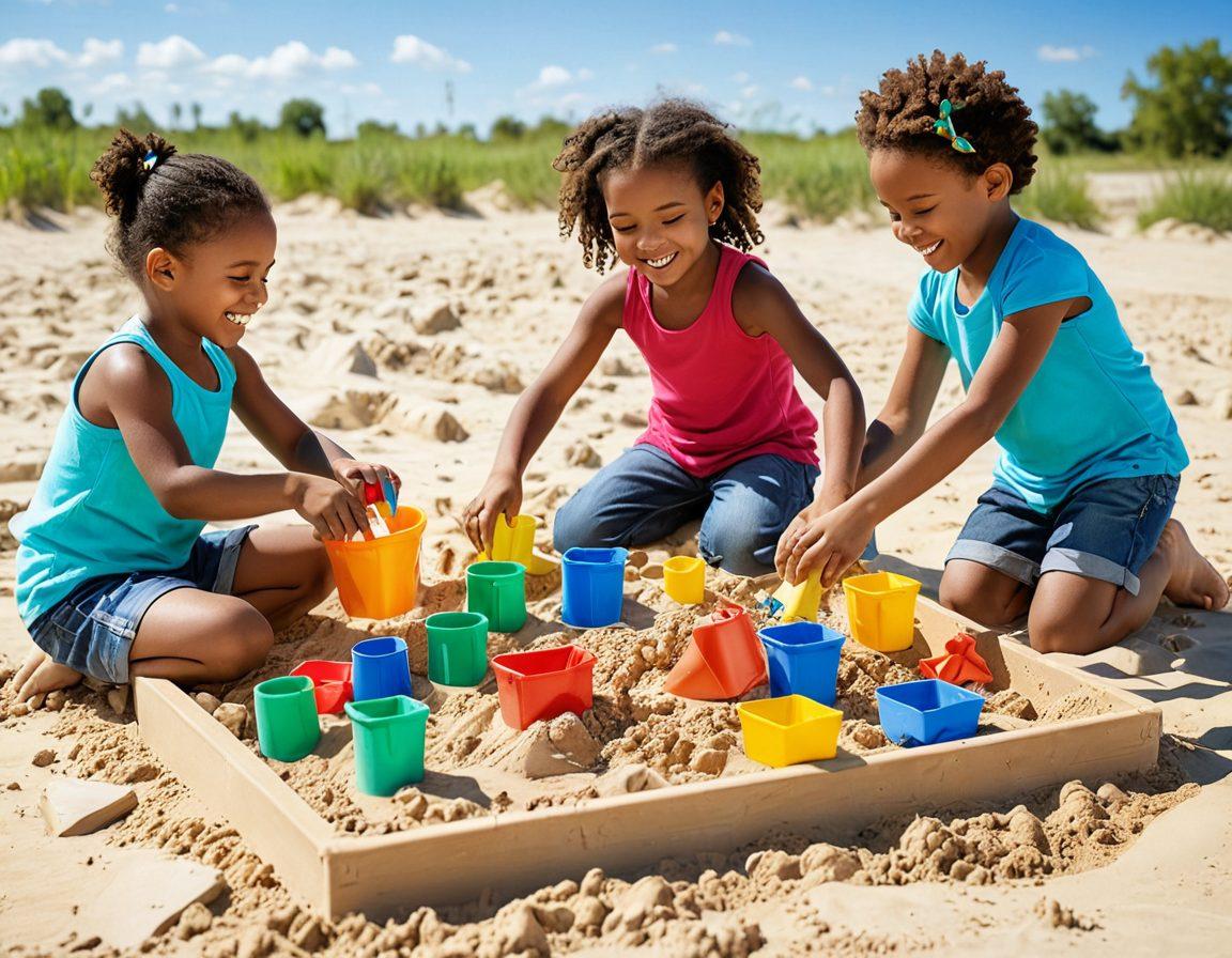 Children of diverse backgrounds enthusiastically engage in sandbox activities, creating vibrant sandcastles, experimenting with water channels, and using colorful toy tools. The scene should capture imaginative play, teamwork, and joyful learning, set under a sunny sky. super-realistic. vibrant colors. white background.