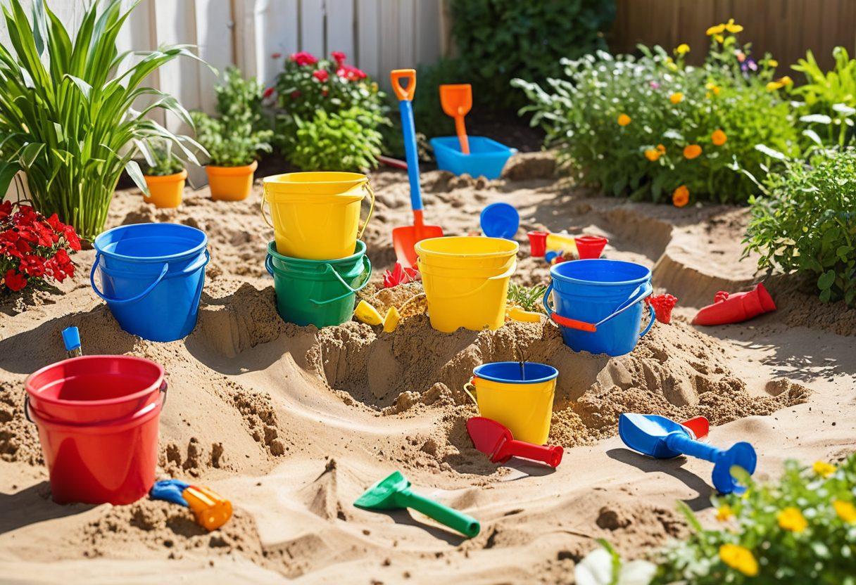 A vibrant and playful backyard sandbox scene with children engaged in various activities like building sandcastles, exploring with educational toys, and planting small garden patches. Include colorful buckets, shovels, and interactive tools. The setting should be sunny and lively, with a mix of natural elements and whimsical decorations. Super-realistic. Vibrant colors. White background.